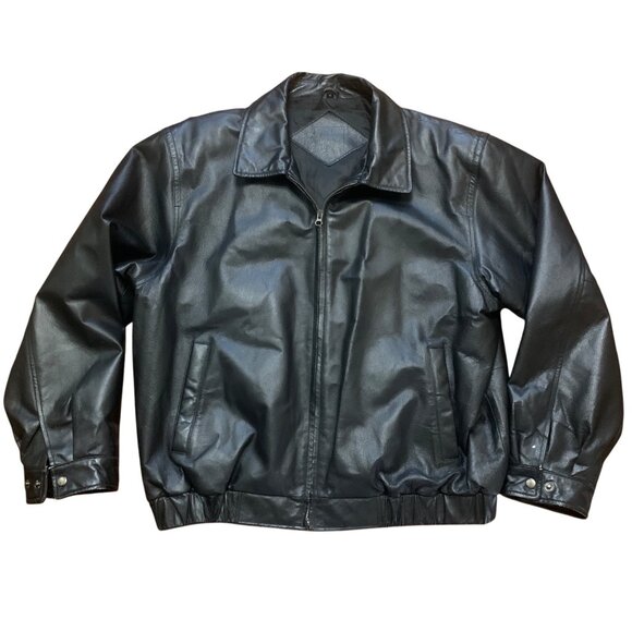 Black Classic Leather Bomber Jacket Elastic Waist Mens Sz XL By Junction West - Picture 4 of 9